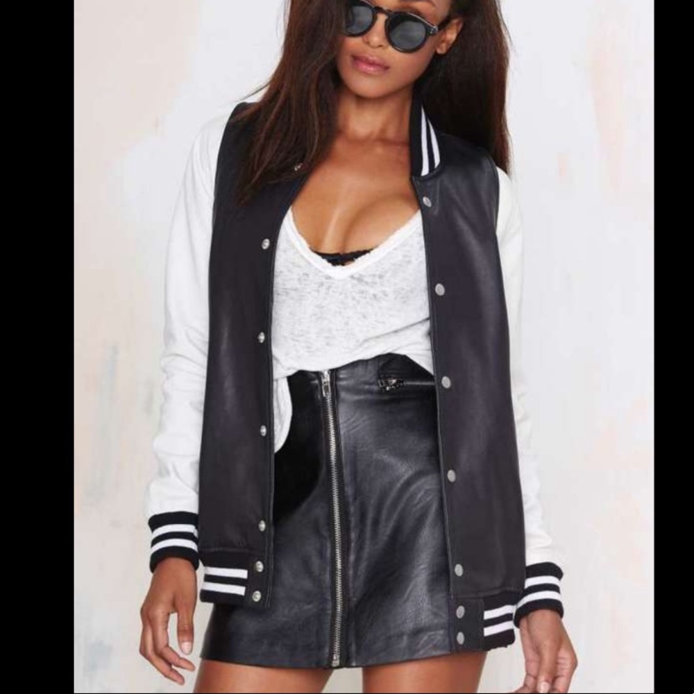 Nasty Gal school’s out black white genuine leather varsity jacket small